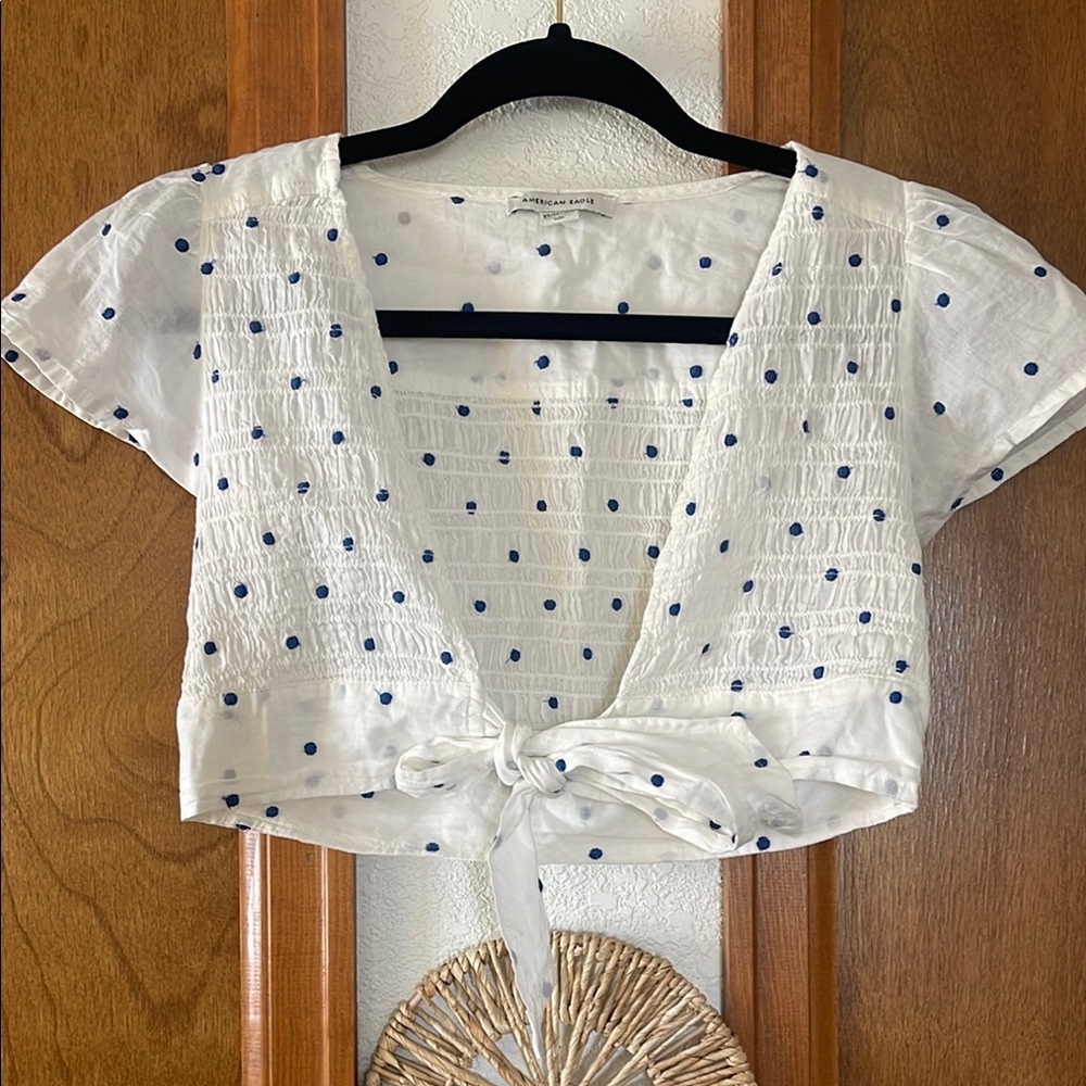 White and Blue Polka Dot Top